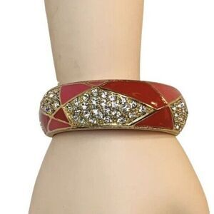 Vintage Pink Coral Enamel Gold Tone Color Block Clamper Bangle Bracelet 6.75”
